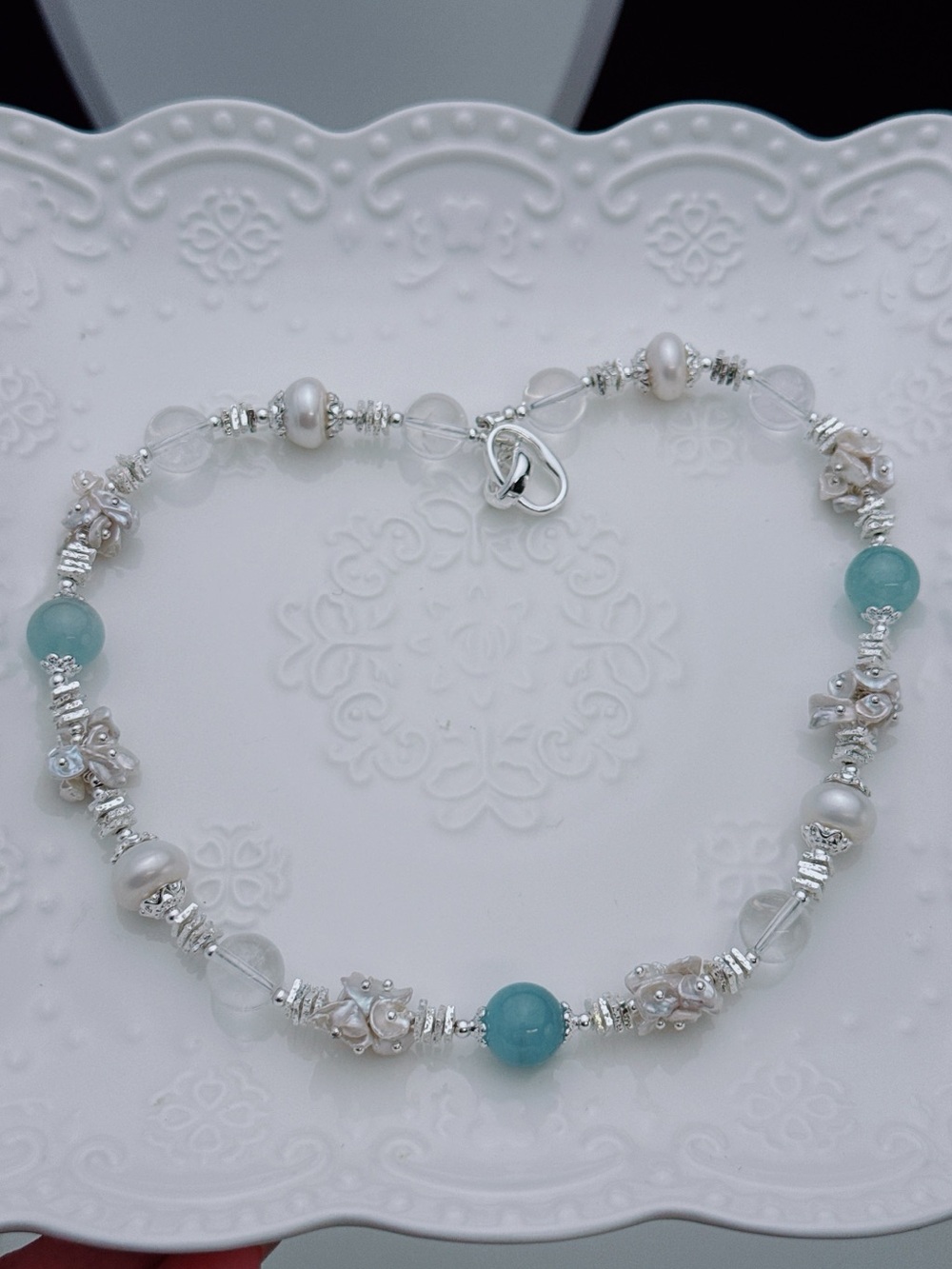 Handmade Freshwater Baroque Pearl Aqua Marine Flower Blossom Necklace 18” 26X467